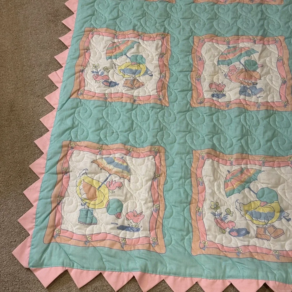 Vintage Pastel Duck Baby Quilt Mint Pink Sawtooth Edge Nursery Blanket 45x52